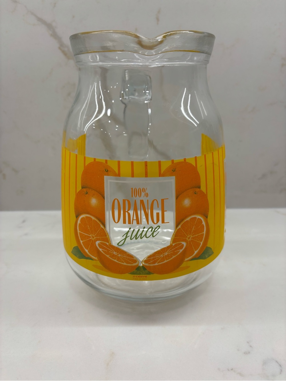 Vintage 1980s Cerve Italy Glass Bright Orange Juice Pitcher Retro Recipe Graphic